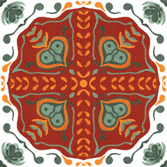 Watercolor decorative ornament on isolated background. Symmetric seamless batik floral mandala tribal ethnic pattern for fabric textile card wrapping wallpaper