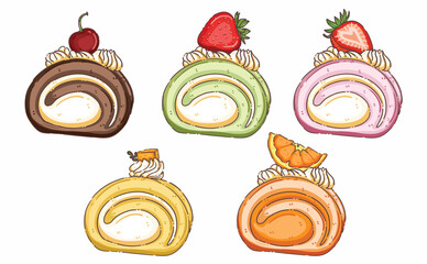 A delightful collection of five colorful swiss rolls (also known as jam rolls or roll cakes), each topped with a swirl of white cream and a distinct fruit garnish, presented on a clean background