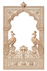 Traditional Indian architectural frame with peacocks and lotus, intricate historical carving design, cultural border art