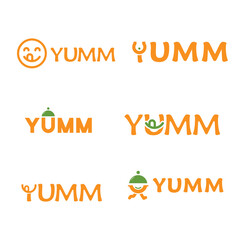 Creative Yumm Logo Variations Depicting Deliciousness and Culinary Themes Orange and Green Color Palette Food Related Designs
