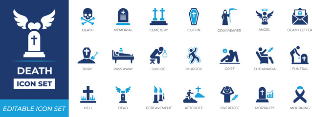 Dead icon set  grief, heaven, hell, reaper, grim, murder, angel and hazard symbols for apps,  mourning, death, suicide, funeral designs.