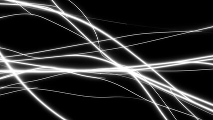 Abstract background with dynamic glowing white neon lines on black. A modern, high-tech design featuring sleek light trails and futuristic connections. Perfect for tech, digital, and sci-fi design