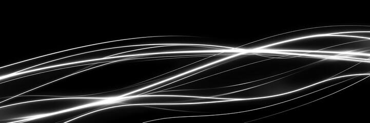 Abstract background with dynamic glowing white neon lines on black. A modern, high-tech design...