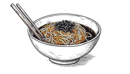 Simple and Comforting Bowl of Jajangmyeon with Thick Noodles and Chopsticks in Illustrative Style
