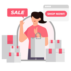 Online Shopping and E-Commerce Illustration. Fashion Sale, Mobile App, Influencer Marketing, and Product Review Concept in Flat Style