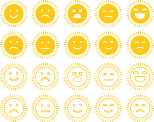 sun icon set in emoji shape Cute Cartoon Sun Character Smiling Face Sunshine Rays, and Playful Emotions for Kids’ Summer Design and Positive Vector