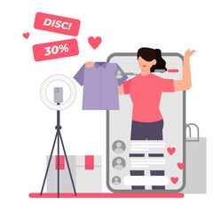 Online Shopping and E-Commerce Illustration. Fashion Sale, Mobile App, Influencer Marketing, and Product Review Concept in Flat Style