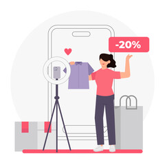 Online Shopping and E-Commerce Illustration. Fashion Sale, Mobile App, Influencer Marketing, and Product Review Concept in Flat Style