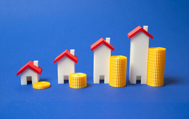 Houses with coins form a growing graph. Rising housing prices, increase in value. Tariffs and bills...