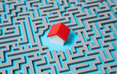 A house in the middle of a labyrinth mazes. Difficulty in buying your own home. Infrastructure and transport system, laying a route. Obstacles to homeownership, bureaucratic complexity