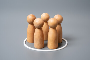 A group of human figures in a white circle. A selection of people. Recruitment, survey sampling, or...