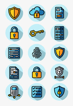 Vibrant circular icons for cybersecurity, financial security, and digital authentication, featuring padlocks, keys, and fingerprints for secure online transactions and data protection.
