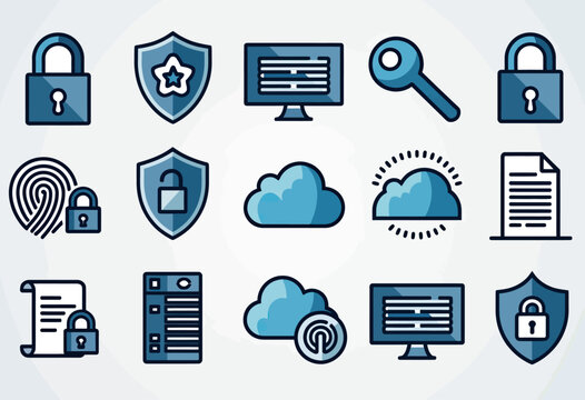 Comprehensive flat icons for robust cybersecurity, data protection, and secure IT infrastructure, featuring shields, computers, keys, and cloud storage for modern digital solutions.
