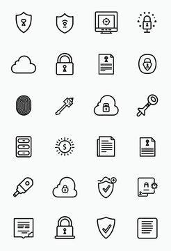 Minimalist outline icons for IT security and data management: cloud storage, padlocks, keys, fingerprints, and servers, ideal for digital protection and modern technology solutions.
