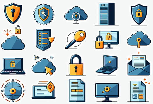 Comprehensive flat icons for cybersecurity, data protection, and digital privacy, featuring padlocks, shields, and servers, ideal for IT infrastructure and secure online solutions.
