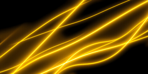 Dark abstract background with gold neon glowing lines. Bold neon gold light trails on a dark...