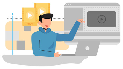 Modern Flat Video Editing Illustration. Editor Working on Timeline, Media Assets, and Content Creation Process