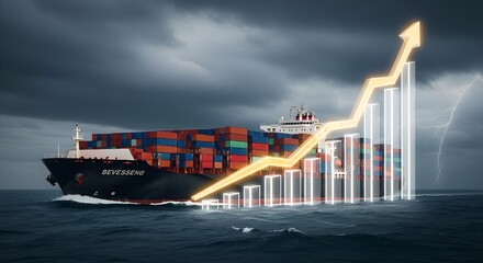 Container ship with a glowing financial growth chart  representing global trade and logistics