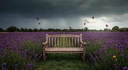 Wooden bench amidst vibrant lavender field under dramatic stormy sky with butterflies fluttering, symbolizing tranquility and contrast between nature's beauty and impending weather.