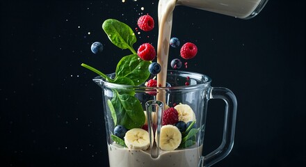 A vibrant and healthy smoothie creation with bananas, spinach, raspberries, and blueberries in a glass blender with milk pouring in mid-air against a dark background