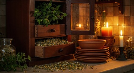 Obraz premium Cozy rustic kitchen scene with herbal cabinet, dried chamomile flowers, and warm candlelight creating a serene and inviting atmosphere for relaxation and culinary inspiration