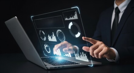 Businessman interacts with a holographic dashboard analyzing sales data, using futuristic technology for performance management, business growth, and decision-making strategies.
