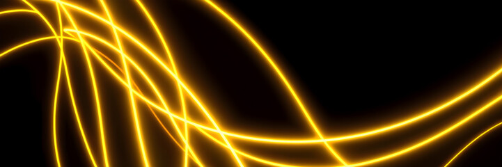 Dark abstract background with gold neon glowing lines. Bold neon gold light trails on a dark...