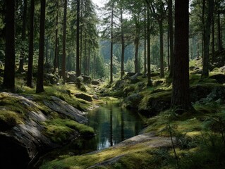 Obraz premium Scenic view of dense lush green forest with tall trees and a peaceful flowing stream surrounded by moss covered rocks and vibrant vegetation du daytime