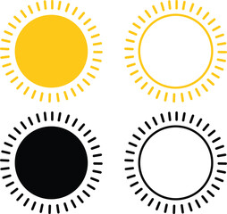 Sun icon set, Sun symbol vector sunshine and solar glow, sunrise Decorative circle full sunlight collection. Hot solar energy
