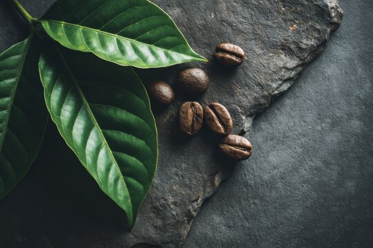 Close-up of fresh ripe coffee beans on dark stone surface with green coffee plant leaves for organic healthy caffeine boost