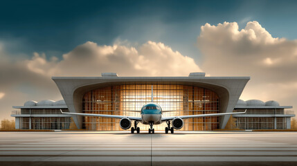 Airplane on runway near modern airport terminal at sunset, ready for travel, vacation, plane trip and air flight