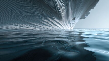 A closeup view of the ships stern reveals a detailed representation of flow lines tracing the contours of the hull emphasizing the ships aerodynamic design with a contrasting background