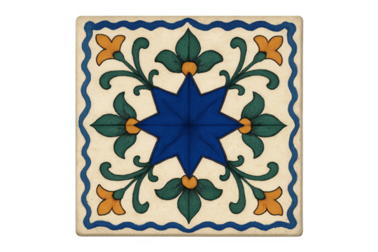 Square antique ceramic tile features a blue star and floral pattern, perfect for design projects needing a touch of vintage charm