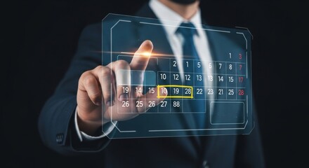 Businessman Using Holographic Calendar Interface for Time Management, Scheduling, and Meeting Planning