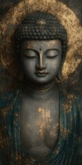 Detailed close-up of a serene ancient stone Buddha statue with intricate carvings, weathered textures, and peaceful facial expression in muted tones
