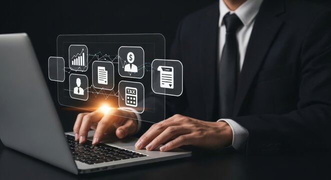 Close-up of businessman using a laptop with holographic accounting interface showing tax calculator, invoice, audit, budget, statement, report and finance tools in a vibrant high-tech.