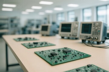 Modern High Tech Electronics Lab With Circuit Boards And Oscilloscopes In A Bright Office Environment