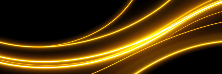 Dark abstract background with gold neon glowing lines. Bold neon gold light trails on a dark...