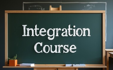 The words integration course are standing in the german language on a blackboard. High quality