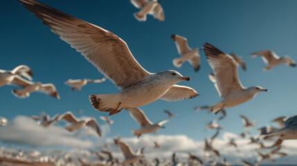 Obraz premium A flock of seagulls flying in the sky