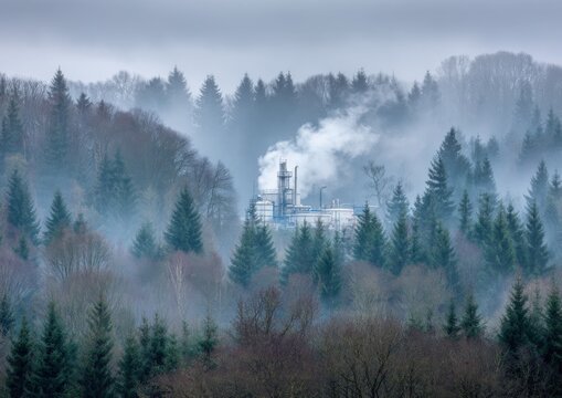 Industrial factory emitting smoke in a dense foggy forest landscape du daytime with trees and overcast sky