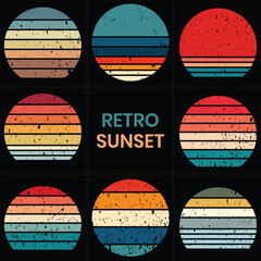 Minimal Vintage Sunset Vector Set – Grunge Circle Badge Pack