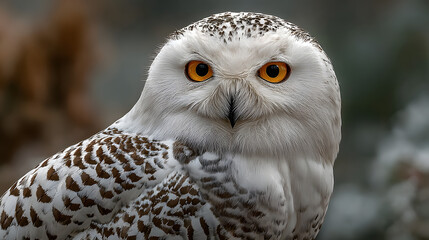 Obraz premium A white owl with a yellow beak and a black eye stares at the camera