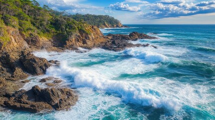 Fototapeta premium Aerial view of ocean waves crashing against rocks water outdoors natural.