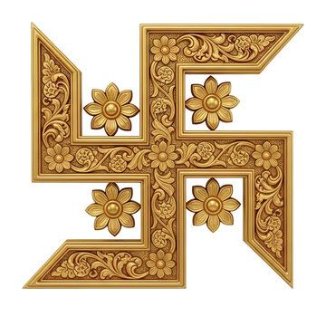 Golden ornate Swastik symbol with floral carvings, sacred Hindu spiritual motif, decorative religious emblem