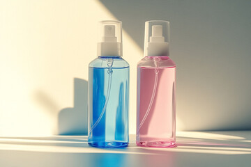 Blue and Pink Cosmetic Spray Bottles on White Table
