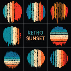 Retro Sunset Landscape Circle Badges – Vintage Grunge Style Vector Set