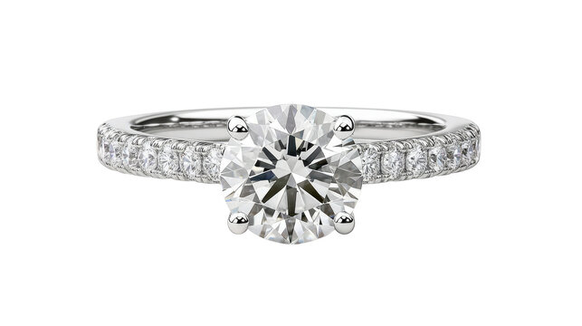 Elegant silver ring with sparkling diamonds and polished metal band isolated on white background