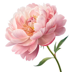 Delicate pink peony flower with green leaves isolated on transparent background