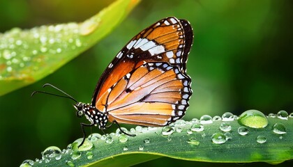 Fototapeta premium butterfly resting on a leaf with water droplets